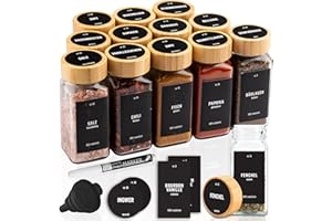 Deco Haus Juego 12 Tarros Especias con Tapa Rosca - Etiquetas, Embudo, Cepillo, Marcador - Va con Nuestros Estantes para Condimentos - Almacenamiento y Dispensador Vidrio Transparente 120ml 10.5x4.3cm
