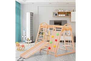 KecDuey 7 in 1 Multifunktions Kletterdreieck Spielplatz aus Massivholz,Klettergerüst für Kinder Kletterleiter, Kletterplattenrutsche, EIN Netz zum Klettern (Klettergerüst#)