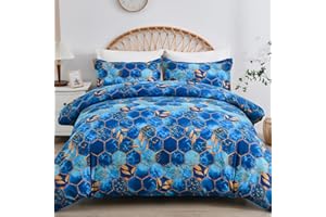 DJY Blue Geometric Duvet Cover Golden Leaves Reversible Bedding Set Soft Breathable Lightweight Duvet Sets 3 Pieces With Zipper Closure (Double, 200x200cm)