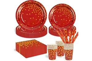 HFBOBP 125 Stück Rotes Gold Kindergeburtstag Party Deko, ​Papier Geschirrset einschließlich Pappteller Tasse Strohhalm und Servietten für Hochzeit Weihnachtsfeier Tischdekoration und Feiern wie Geburtstag