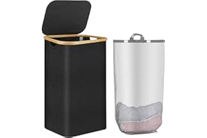 Lycasia Laundry Basket With Lid 110L, Bamboo Handle Laundry Basket And Removable Washable Inner Bag, Collapsible Large Storage Basket Laundry Hamper For Dirty Cloth Toy Towel Storage (Black)