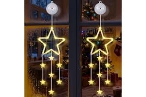 Tacobey Lot de 2 Illumination Noël pour fenêtres avec Étoile, 18 LED Guirlande Rideau Lumineux à Piles avec Ventouses, 8 Modes, Minuterie, Decoration Noel Intérieur (Blanc Chaud)