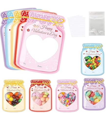 OEFNTAC Decorations 50PCS Valentine's Day Cards Set DIY Greeting Cards Party School Prize Classroom Exchange Gift Kraft Jar With Sealable Bag 5.9x3.5in Assorted Colors