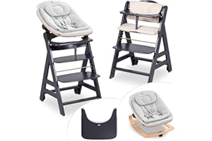 hauck Hochstuhl Beta+ Newborn Set Eco Bouncer - mitwachsender Holz Babyhochstuhl ab Geburt, inkl. Neugeborenenaufsatz, Sitzpolster und Essbrett - Dark Grey