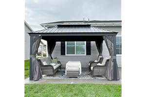 PURPLE LEAF Heavy Duty Garden Gazebo 3M x 4.25M with Galvanized Steel Double Roof, Waterproof Matal Hard Top Gazebo with Sides Curtain and Netting for All Weather,Balcony, Outdoor and Patio, Grey