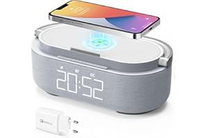 ‎COLSUR COLSUR Radiowecker Digital mit Wireless Charger, Bluetooth Lautsprecher mit USB-Ladegerät, Smart Wecker Schlummerfunktion Induktive Ladestation, Nachtlampe, Dimmbares LED-Display und Batterie-Backup