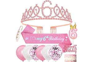 SWPEED 6th Birthday Decorations, Sash and Tiara Girls Presents,Birthday Crown Headband for Girls,6th Balloons Candles Cake Topper Gifts 6 Year Old