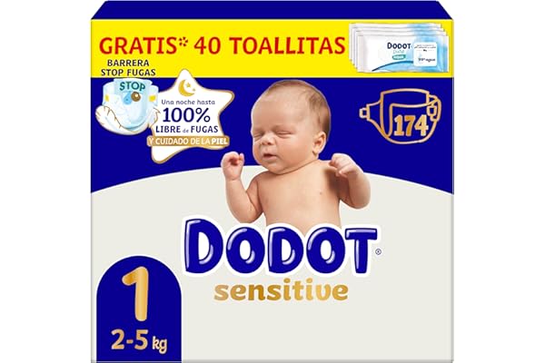 Dodot Pañales Bebé Sensitive Talla 1 (2-5 kg), 174 Pañales + 1 Pack de 40 Toallitas Gratis de Aqua Plastic Free, Nº1 en Protección de la Piel de Dodot, Pack Mensual