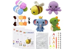 Rapidbok DIY Crochet Kit Principiantes,Kit de Ganchillo para Principiantes,con 4 patrones diferentes de ganchillo de animales (Elefante/Dinosaurio/Abeja/Pulpo),para DIY y Tejido a Mano