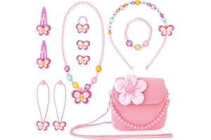 MoonSing Kinderschmuck Kleine Mädchen Plüsch Handtasche Geldbörsen, Schmuckset Kinder mit Halskette Armband Ring und Ohrring, Prinzessin Ankleiden Modeschmuck Geschenk zum Anziehen Pretend Play