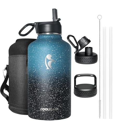 Coolflask 2L Water Bottle Stainless Steel with PU Leather Cover, Half Gallon Insulated Water Bottles with Straw Lids, Stainless Steel Metal Large Water Jug, Keep Cold 48 Hours Hot 24 Hours, Polar