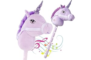 The Magic Toy Shop Purple Unicorn Hobby Horse on a Stick with Galloping and Neighing Sounds for Kids - Soft Handle, Holding Strap, Ride on Unicorn Plush Soft Toy for Girls and Boys