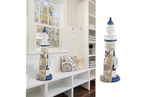 CEPEWA Faro de madera | altura 33 cm | azul y blanco | con peces y red | decoración en diseño marítimo