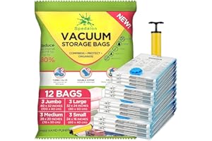 SPEDALON Vacuum Storage Bags - Pack of 12 (3 Jumbo + 3 Large + 3 Medium + 3 Small) ReUsable with free Hand Pump for travel packing | Best Sealer Bags for Clothes, Duvets, Bedding, Pillows, Blankets, Curtains