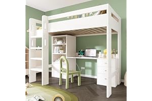 RIAZOS Children's Bed 90 x 200 cm, Youth Bed with USB-C Desk, Single Bed with Wardrobe and Filing Cabinet, Bunk Bed with Storage Board, White