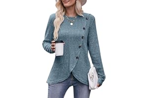 Jabeiyou Haut Femme Col Rond Automne Hiver Chic et Elegant Chaud Brossé Manche Longue Pull Casual Long Chemise Bouton Décoratif Tee Shirt Basique Top Taille S-XXL