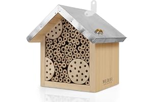 WILDLIFE FRIEND Bee Hotel and Insect House - Pine Wood Shelter for Wild Bees and Beneficial Insects - Weatherproof and Durable Bug Hotel for Garden and Balcony - 19.81 x 22.86 x 16.76 cm, Natural Wood