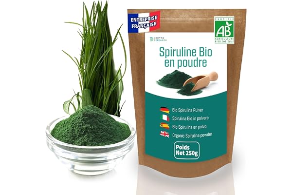 DETOX ORGANICA - Spiruline Poudre Bio - 250g de Poudre Naturelle - Riche en Protéines, Antioxydants, Fer et Phycocyanine - 100% Agriculture Biologique Controlée