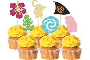 Gyufise 24 topper per cupcake ispirati a Moana con glitter, foglia di palma, fiore di moana, decorazioni per cupcake a tema tropicale hawaiano Luau, baby shower, forniture per feste di compleanno