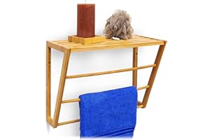 Relaxdays Bambusowy uchwyt na ręczniki z półką do przechowywania, 30 x 42 x 20 cm, montowany na ścianie, z 3 szynami, mała półka łazienkowa, bambusowa półka z wieszakiem na ręczniki, naturalny