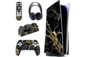 playvital Black & Gold Marble Effect Full Set Skin Decal for ps5 Console Disc Edition, Sticker Vinyl Decal Cover for ps5 Controller & Charging Station & Headset & Media Remote