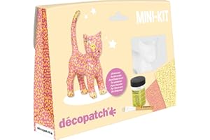 ‎DÉCOPATCH Décopatch KIT012O - Kreativset, Katze zum Verzieren mit Katze aus weißem Pappmaché + 2 Blatt Décopatch-Papier (30x40cm) + 1 Pinsel (9x1cm) + 1 Behälter Klebstofflack (4x4x5,5cm), Gelb, 1 Set