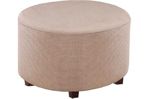 CLGTY Round Ottoman Slipcovers,Jacquard Stretch Footstool Protector With Elastic Bottom Small Checks Foldable Footrest Covers Soft Washable Furniture Protector For Living Room-Khaki-L