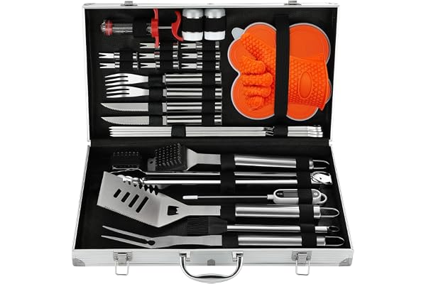 N NOBLE FAMILY 30Pcs Set Barbecue Accessoire en Acier Inoxydable de Haute Qualité - Outils Barbecue Professionnel - Divers Ensembles de Barbecue Complets - Extérieur Barbecue Kit Cadeau