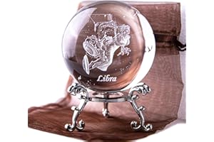 HDCRYSTALGIFTS Pisapapeles de cristal de constelación láser 3D con esfera completa de cristal Fengshui con soporte de flores chapado en plata (Libra)