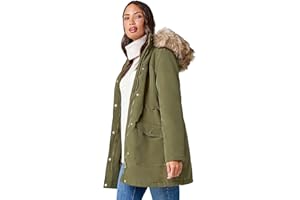 Roman Originals Coat with Faux Fur Hood for Women UK Ladies Autumn Jacket Winter Parka Waterproof Rainproof Windproof Lined Fitted Casual Smart Hooded Zip Up Padded Quilted