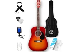 Stretton Payne Acoustic Guitar Full Size Dreadnought 41 Inch Steel String Package D1 - Includes Everything a Beginner Needs To Get Started Playing Guitar - Cherry Fire Burst