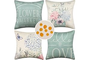 HANRUNSI Outdoor Kissenbezug Wasserdicht Kissenbezüge 40 x 40 cm Blumen Kissenbezüge Frühling Schmetterling Blau Blumen Kissenbezug Patio Garten Sommer Kissenhülle Leinen Dekorativ Kissen Home Dekor für 4er
