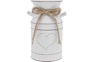 Soyizom Vintage Vase Metal Flower Bucket With Heart-shape, Farmhouse decor Vase with Handle French White Vase Galvanized Finish Milk Can Shabby Chic Vase Metal Flower Jug for Rustic Home Decoration