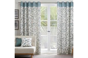 Fusion Duck Egg Blue Leaf Eyelet Curtains 66 x 72 Inches (168 x 183 cm) – 100% Cotton – 2 Panels – Floral Print Drapes for Bedroom and Living Room – Beechwood Collection – Lined Curtain Set