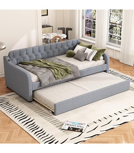 Divano Letto Estraibile 90x200cm, Con Letto Aggiuntivo 90x190cm, Luci LED E Prese USB - In Flanella Beige, Rete A Doghe In Legno
