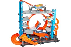 Hot Wheels City Megagaraje con Tiburón - Looping de 2 Carriles y Ascensor para 2 Coches - 90+ Plazas - Incluye 2 Coches - Regalo para Niños de 3+ Años, FTB69