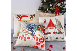 Agoer Zestaw 4 poszewek na poduszki na Boże Narodzenie – bawełna i len, z nadrukiem, dekoracyjna poszewka na poduszkę na Boże Narodzenie, Święty Mikołaj, renifer, krasnal łoś, bałwan, 45 x 45 cm