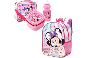 Verona Originals Character 4 Piece Set -Boys Girls Kids Backpack with Side Pocket School Bag + Lunch Bag + Lunch Box Sandwich Box +Water Bottle (Minnie Mouse Backpack & Lunch Bag Set 1)