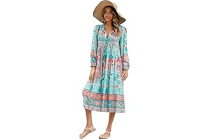 R.Vivimos Women's Casual Bohemian Print Neck Tie Long Sleeve Beach Style Long Midi Dress Vacation Dress