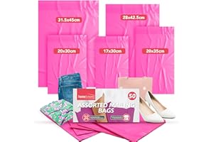 SOL 50pk Pink Assorted Mailing Bags Self Seal for Clothes Mixed Size Parcels Delivery Packaging Shipping Postal Cases for Shoes Documents Gifts and Lightweight Items Durable and Easy to Use