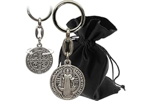 Lunexus Benediktus Llavero de plata - bendito - Medalla de San Benito de 8 cm con relieve - Símbolo de protección para coche y casa - Regalo con bolsa de terciopelo - Consagración católica confirmada