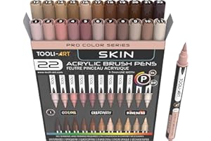 TOOLI-ART Lot de 22 marqueurs de peinture acrylique à pointe pinceau flexible de 1 à 7 mm pour peinture sur roche, lettrage au pinceau, verre, tasses, bois, métal, toile, tissu, plastique, non toxique à base