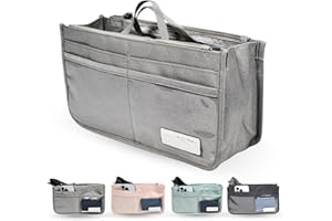 GOR/ADN Organizador de bolsos de mujer insertable para interior de bolso, 2 asas, 13 compartimentos (10 bolsillos, 6 transparentes, 2 con cremallera, 1 central grande), ligero, poliéster 27,5x15,5x9,5cm GRIS