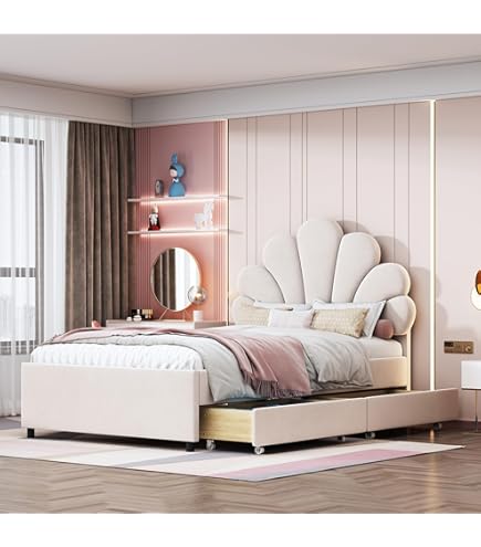 SUKY Kinderbed, gestoffeerd bed, 140 x 200 cm, wit kroon-meisje, eenpersoons bedframe van PU-leer met opbergladen, lattenbodem en rugleuning, led-verlichting