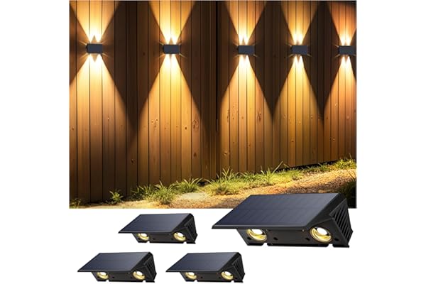 IIRARA Applique Solaire Extérieur,4 Articles Haut & Bas Applique Murale Solaire Blanc Chaud 1500mAh Lampe Solaire Murale Extérieur IP67 Étanche Spot Sans Fil Lumière 100 Lumens pour Clôture Jardin