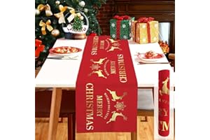 VDSOW Christmas Table Runner Roll, Red Linen Christmas Table Runners Tablecloth with Gold Elk Snowflake, 12 x 108 Inch Long Xmas Dinner Table Cloth and Runners for Dining Christmas Table Decorations