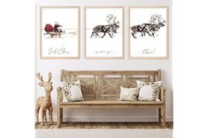 AnyDesign 3Pcs Christmas Wall Art Prints 12x16in Santa Claus Reindeer with Sleigh Art Poster Decor Large Aesthetic Xmas Posters Room Decor for Gallery Living Room Bathroom Wall Decor(UNFRAMED)
