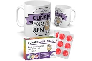 MUNDOHUEVO Pack Taza Cuñada Molas un Huevo + Caramelos CUÑADACOMPLEX | Regalo Original y Divertido para Cuñadas | Detalle de Cumpleaños, Navidad | Frases Originales Y Divertidas | Cerámica 350 ML