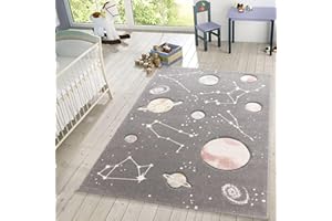 TT Home Tappeto da gioco con stelle e pianeti per la cameretta dei bambini in grigio, Dimensione:80x150 cm