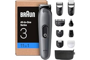 Braun Kit De Rasage Tout-En-Un Series 3, 11-En-1, Lame Ultra-Affûtée, 14 Longueurs, Coupe Précise Pour Visage Et Cheveux, Autonomie De 50 Min, Style Facile Et Rapide, AIO3565, Gris